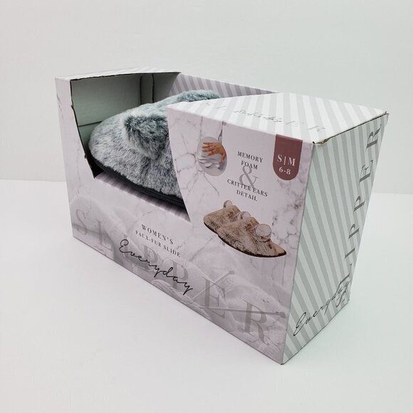 Everyday Slipper Womens Size S/M 6-8 Gray Faux Fur Critter Ears Slide Slippers - Picture 2 of 6